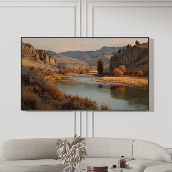 Canyon River Autumn Valley Painting Golden Cottonwoods Scenic Print