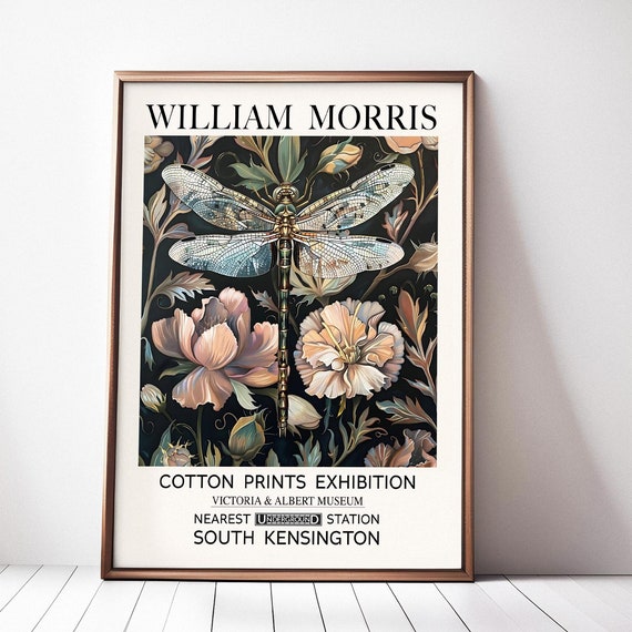 William Morris Dragonfly Print Silver Pink Vintage Flower Print Vibrant Dragonfly Exhibition Poster Living Room Print Classic Textile Print