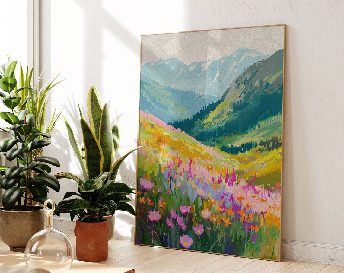Colorful Wildflower Meadow Mountain Landscape Oil Painting Poster