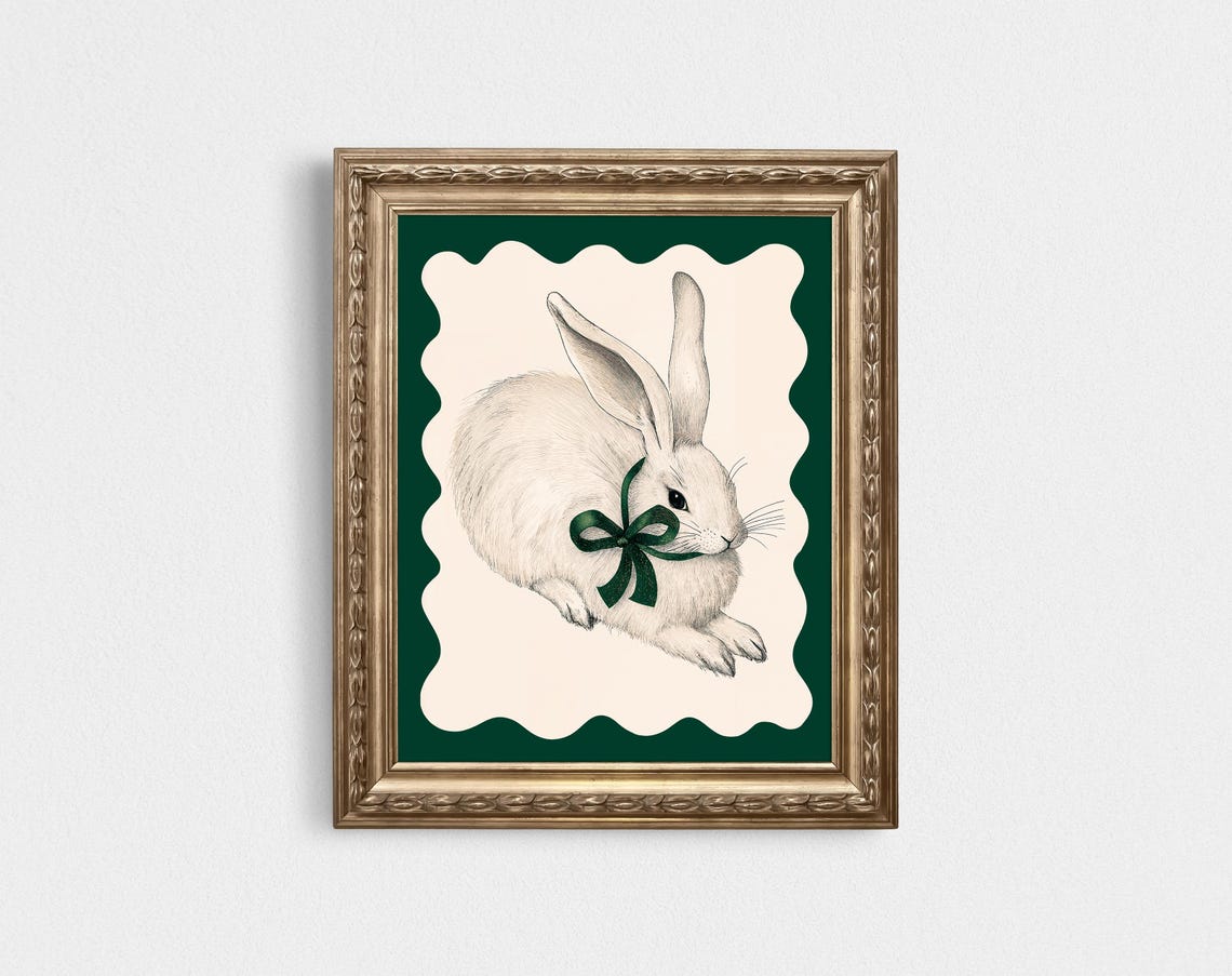 White Rabbit With Green Bow Vintage Bunny Illustration Nursery Print - Image 3