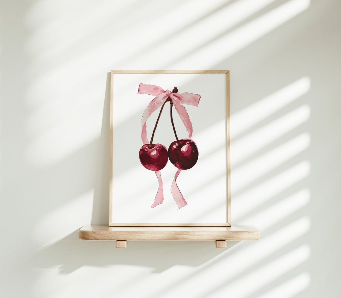 Red Cherries Pink Bow Watercolor Girly Aesthetic Kitchen Poster - Image 2