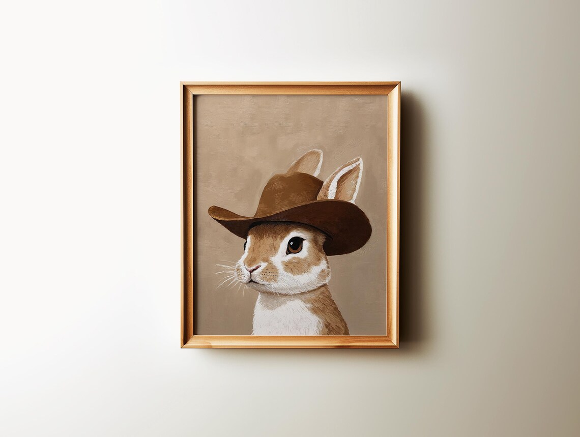 Cowboy Bunny Rabbit in Brown Hat Western Nursery Animal Wall Art