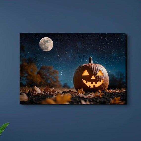 Jack O Lantern Glowing in Autumn Leaves Under a Starry Full Moon Sky Poster