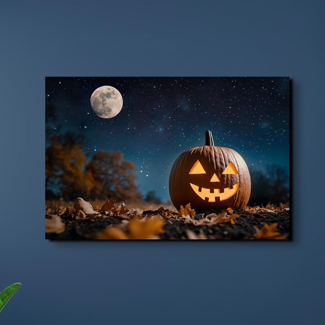Jack O Lantern Glowing in Autumn Leaves Under a Starry Full Moon Sky Poster