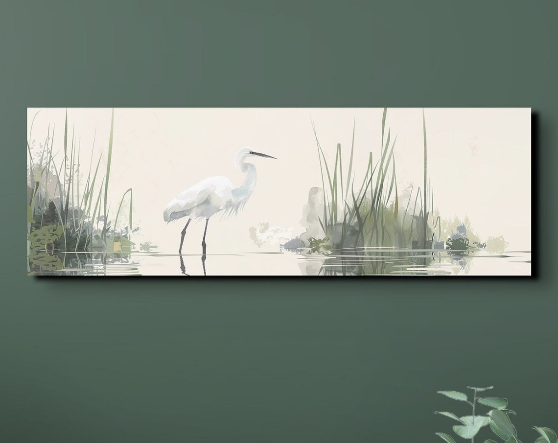 Serene White Egret Standing In Misty Marsh Watercolor Poster