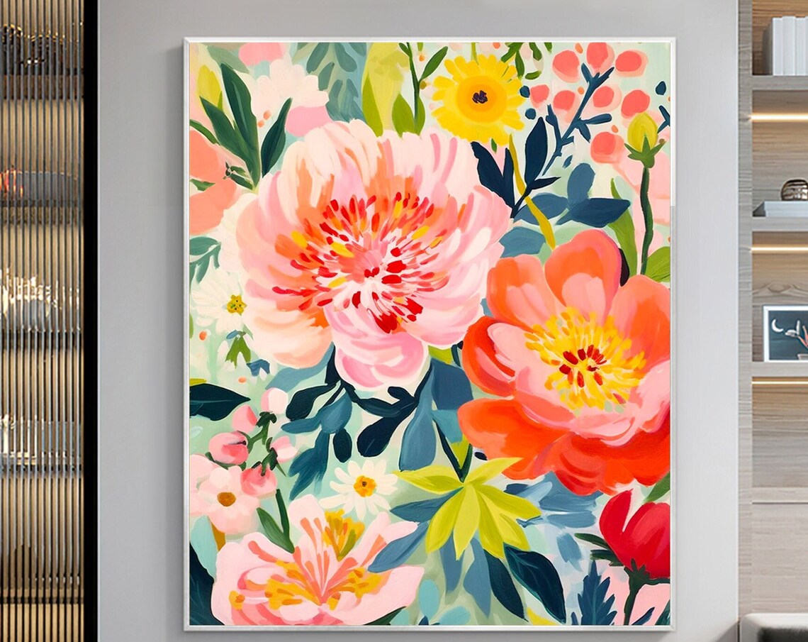 Colorful Abstract Pink Peony Flowers Modern Oil Painting Poster