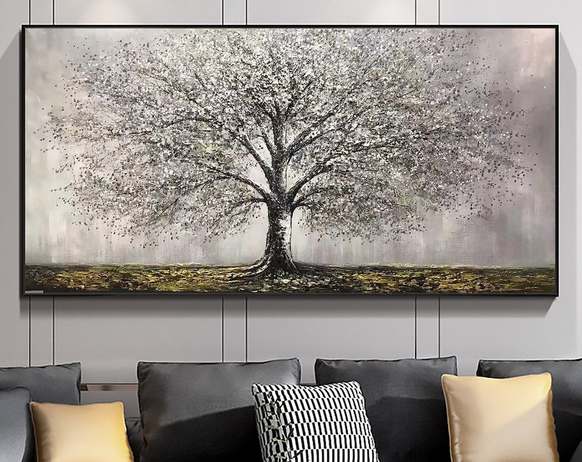 Silver Blossom Tree of Life Panoramic Oil Painting Art Print