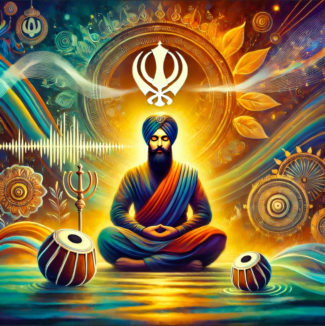 Meditating Sikh beneath a White Khanda with Tabla and Sound Waves Poster