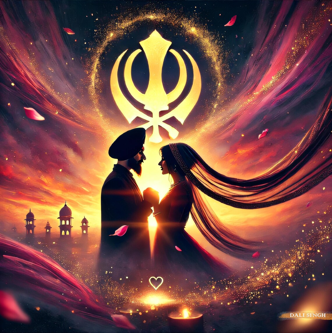 Sikh Couple Silhouette beneath a Fiery Khanda Halo at Dusk Art Poster