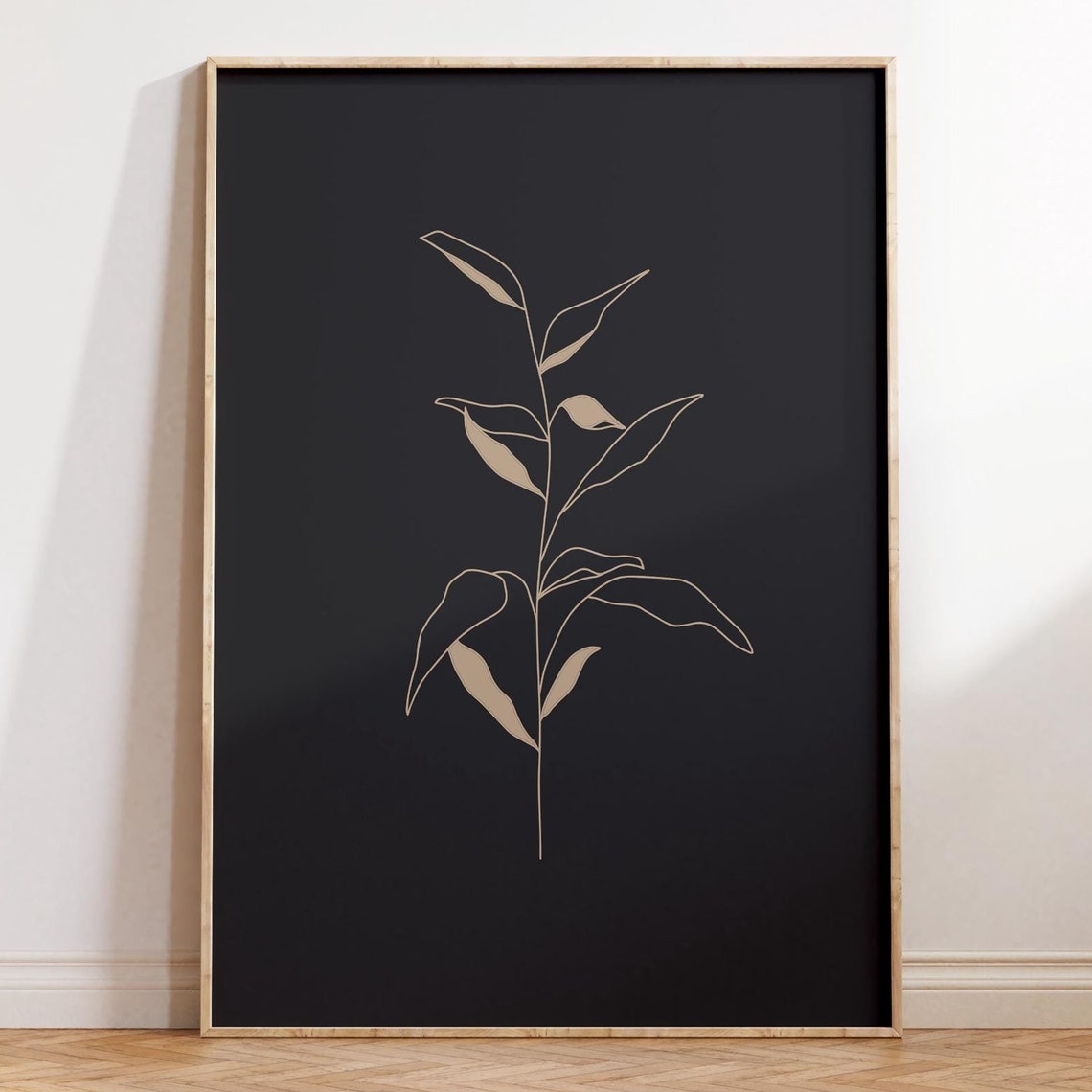 Minimal Beige Leaf Stem Line Art Black Modern Botanical Wall Art