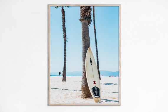 Surfboard Leaning on Palm Tree Tropical Beach Photography Poster