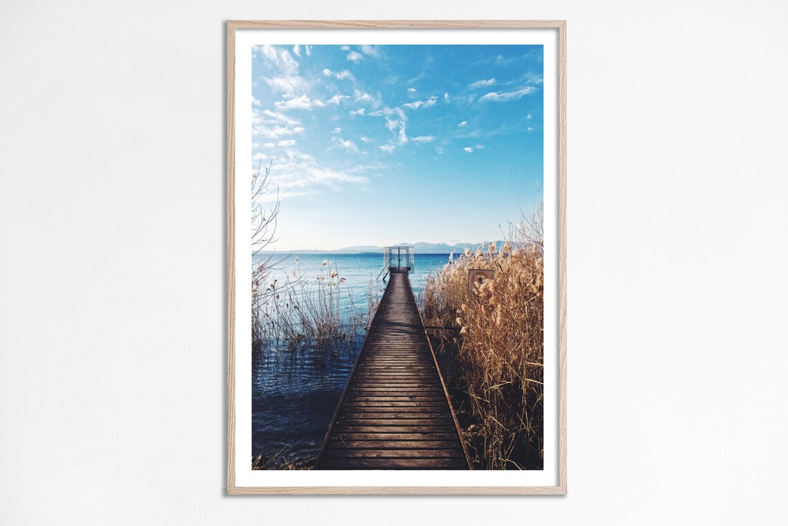 Wooden Jetty Pier Over Calm Lake Blue Sky Nature Photo Print