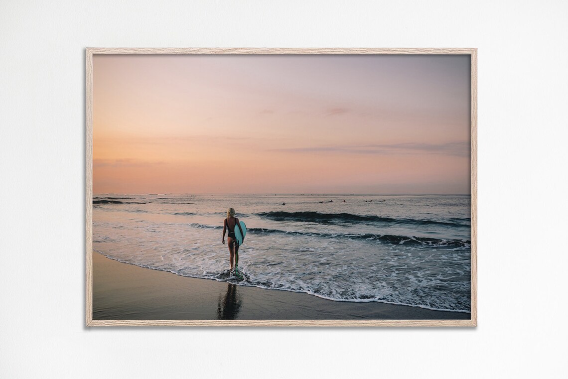 Surfer Girl Walking Into Golden Sunset Ocean Waves Photo Art Print