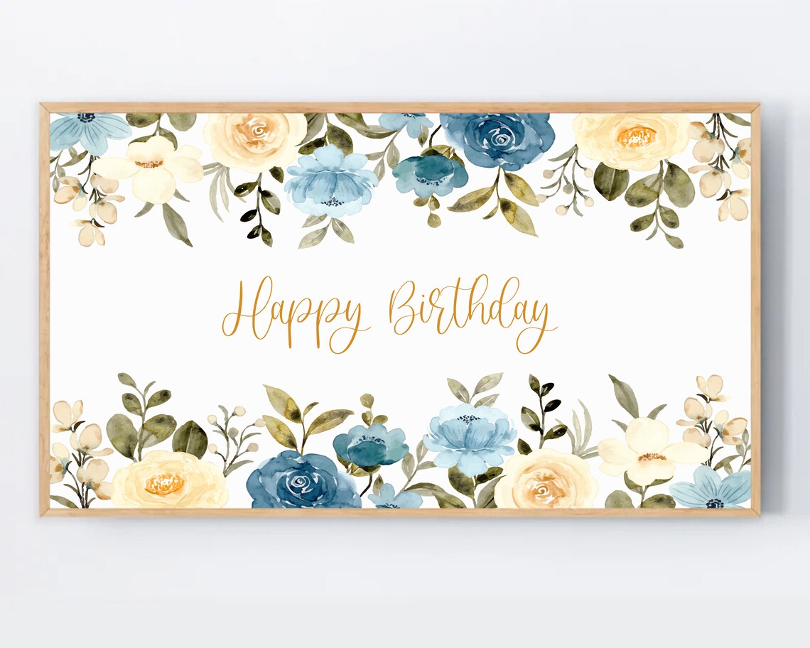 Gold Happy Birthday Blue and Cream Floral Watercolor Sign Poster