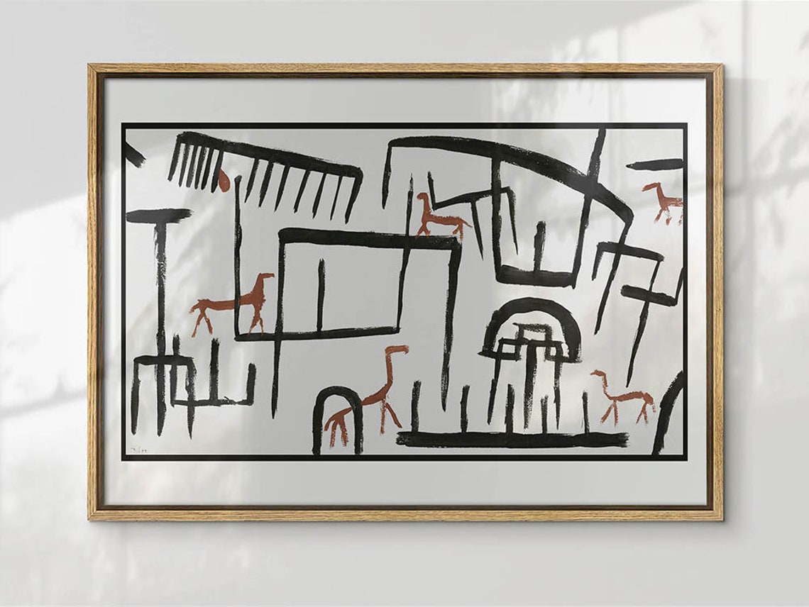Primitive Cave Painting Horses In Terracotta And Black Ink Wall Art