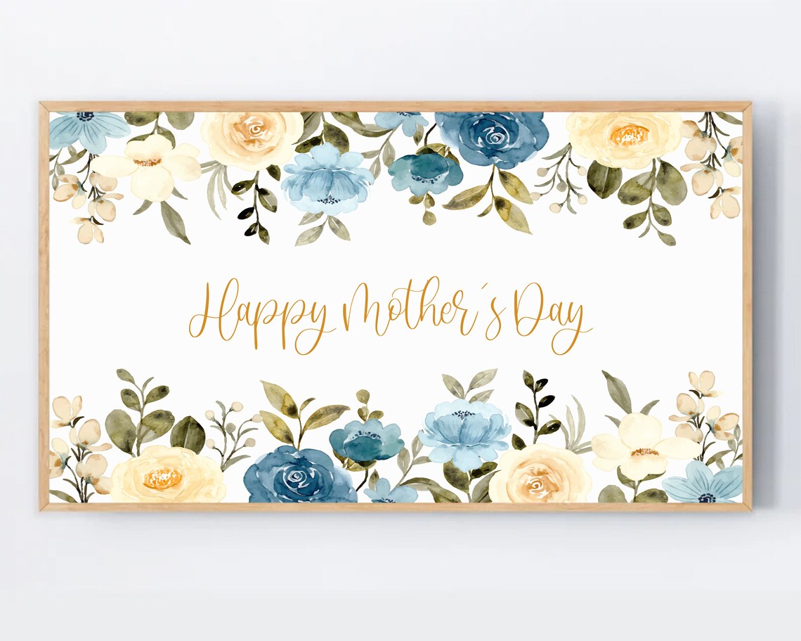 Happy Mothers Day Watercolor Floral Blue Cream Roses Gift Print
