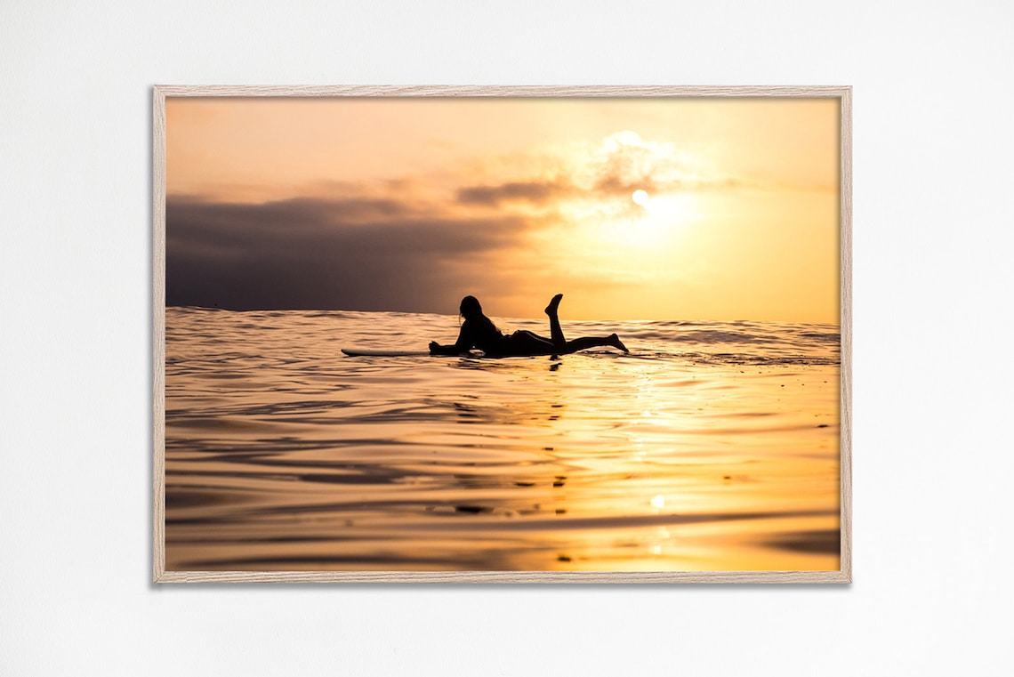 Surfer Figure Print, Sunset Surf Girl Art Print