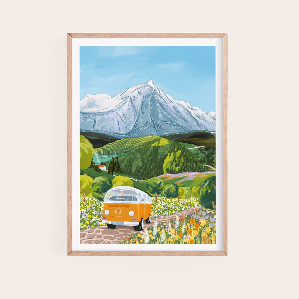 Orange Campervan Mountain Flower Meadow Travel Adventure Poster - Image 2