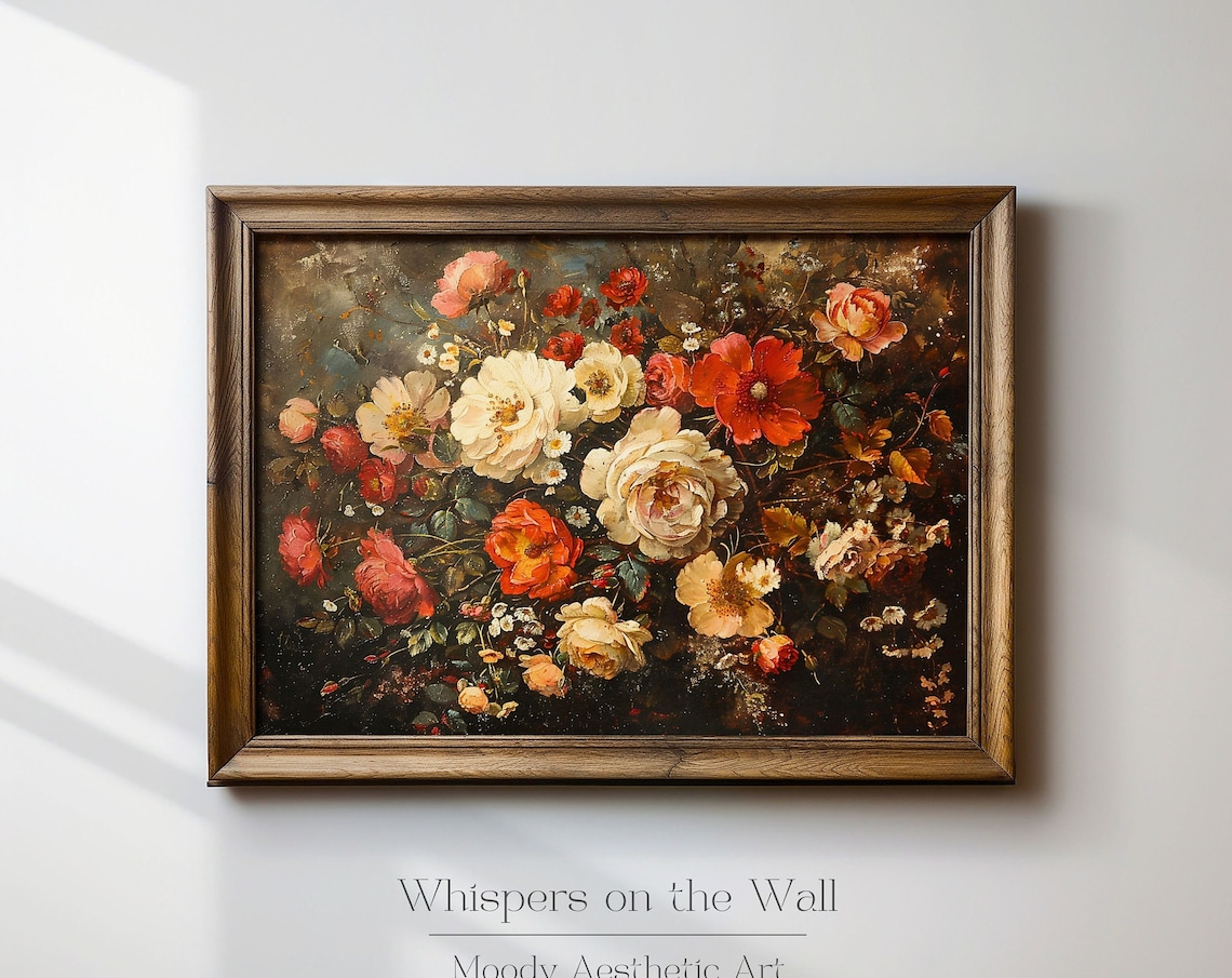 Lush Red and White Roses Dutch Style Dark Floral Painting Poster