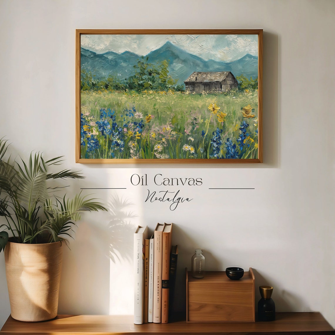 Spring Meadow Wall Art Vintage Landscape Mountain Cottage Oil Painting Country Field - Image 3