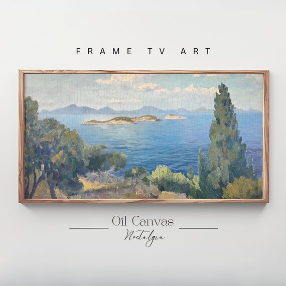 Frame Tv Art Vintage Beach Oil Painting Summer Sea Art Ocean Frame Tv Art Costal Landscape Blue Nautical Seascape