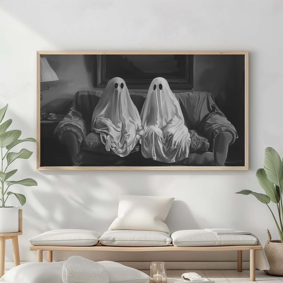 Spooky Ghosts Watching TV Vintage Couch Monochrome Halloween Art Poster - Image 2