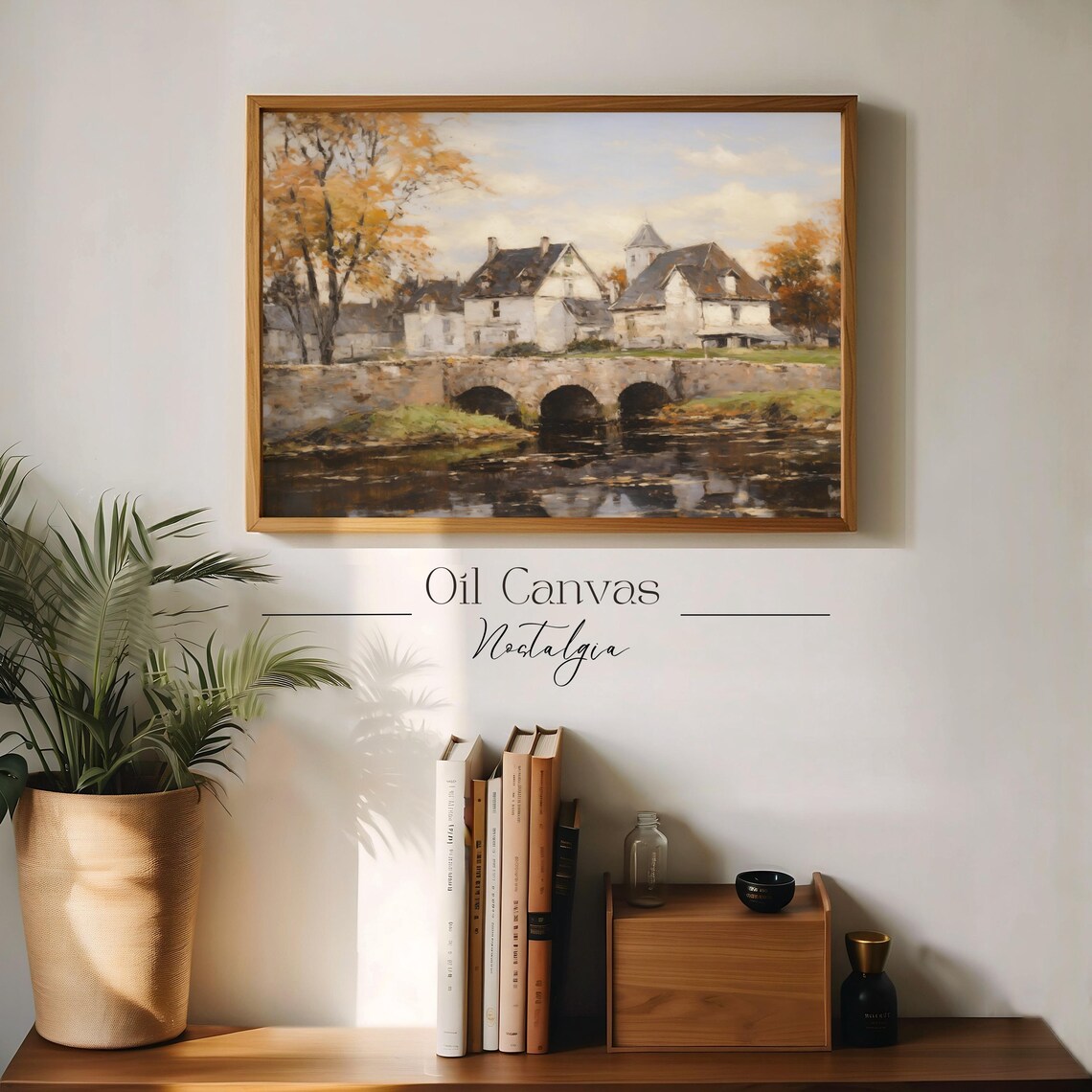 European Village Stone Bridge River Old Cottages Fall Landscape Poster - Image 3