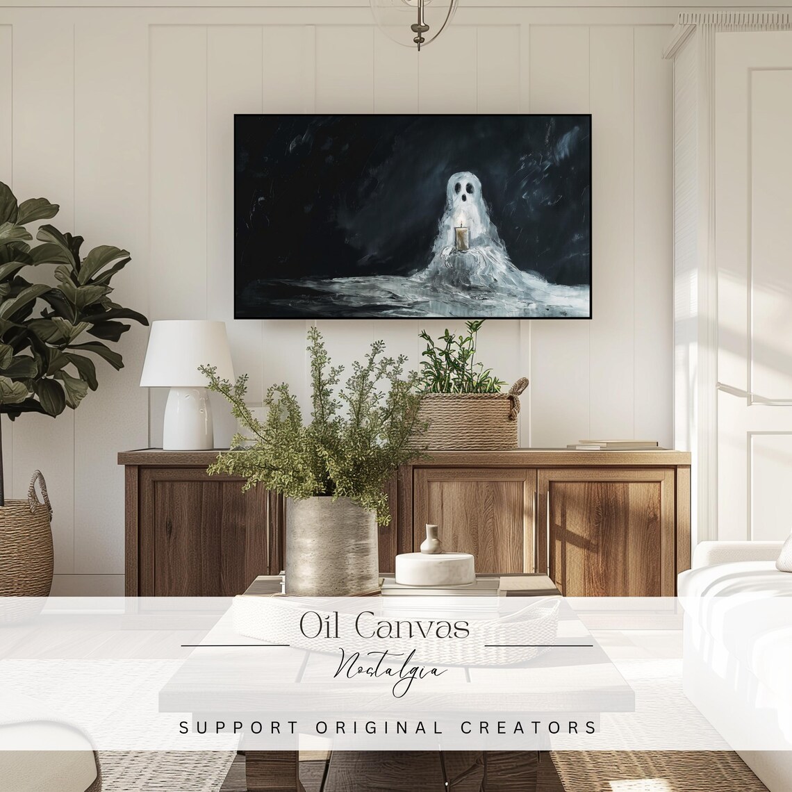Ghost Holding Candle Dark Stormy Night Moody Halloween Spooky Oil Poster - Image 3