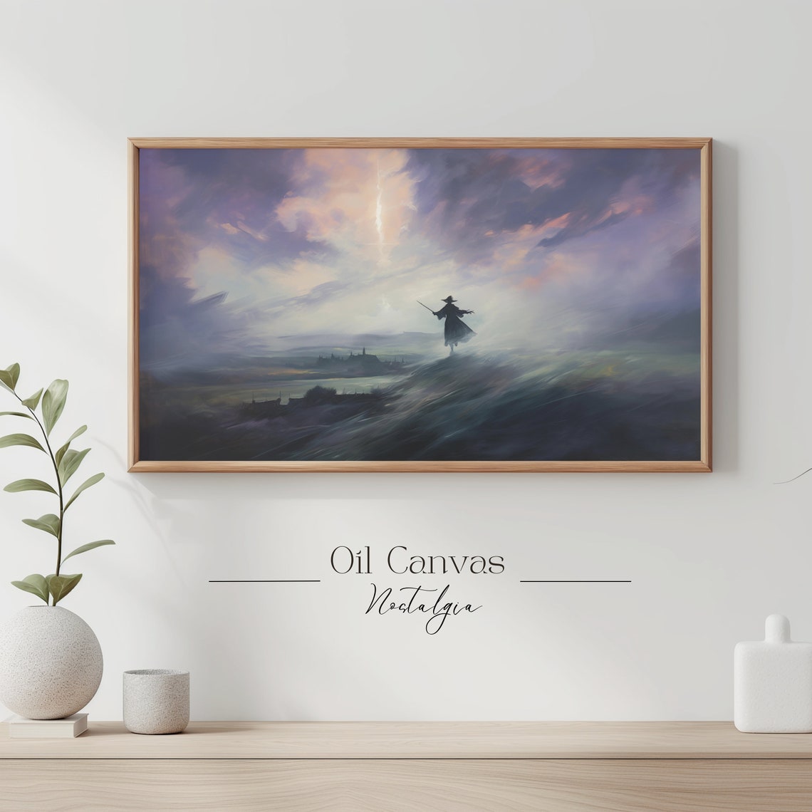 Halloween Witch Silhouette Broom Misty Moor Purple Sky Wall Art - Image 3