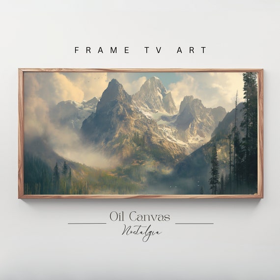 Mountain Landscape Frame Tv Art Vintage Rustic Scenery Oil Painting Farmhouse Decor Nature Wall Art Instant