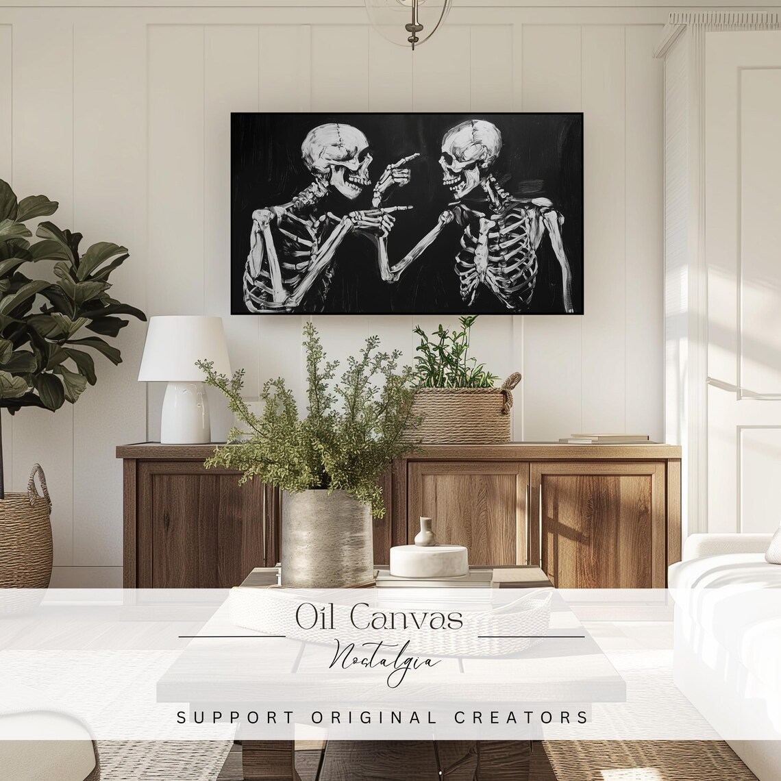 Funny Skeleton Couple Pointing Hands Dark Moody Halloween Wall Art Poster - Image 3