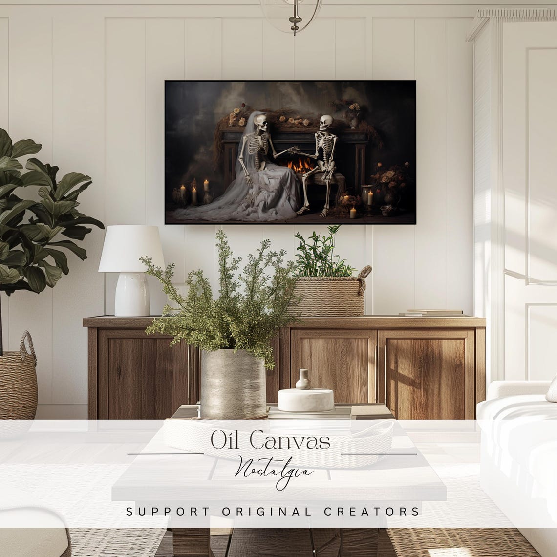Skeleton Vintage Halloween Frame Tv Art Creepy Dark Academia Painting Spooky Moody Decor - Image 3