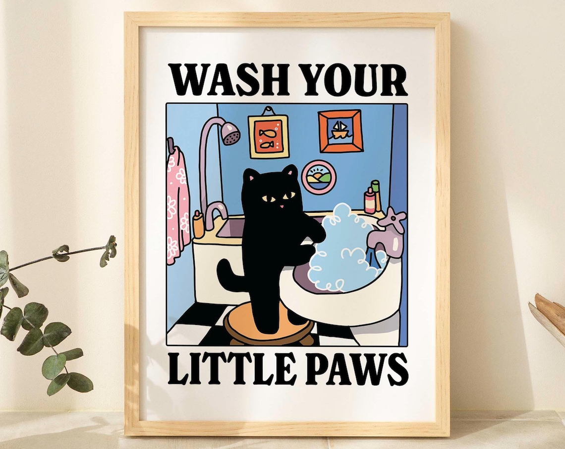 Wash Your Paws Cat Poster, Cute Bathroom Decor - Image 3