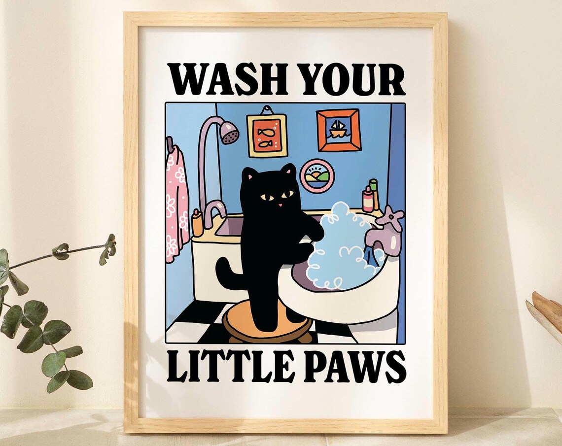 Wash Your Paws Green Cat Print, Cute Bathroom Poster - Image 2