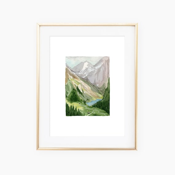 Watercolor Mountain Valley With Blue Lake Art Print
