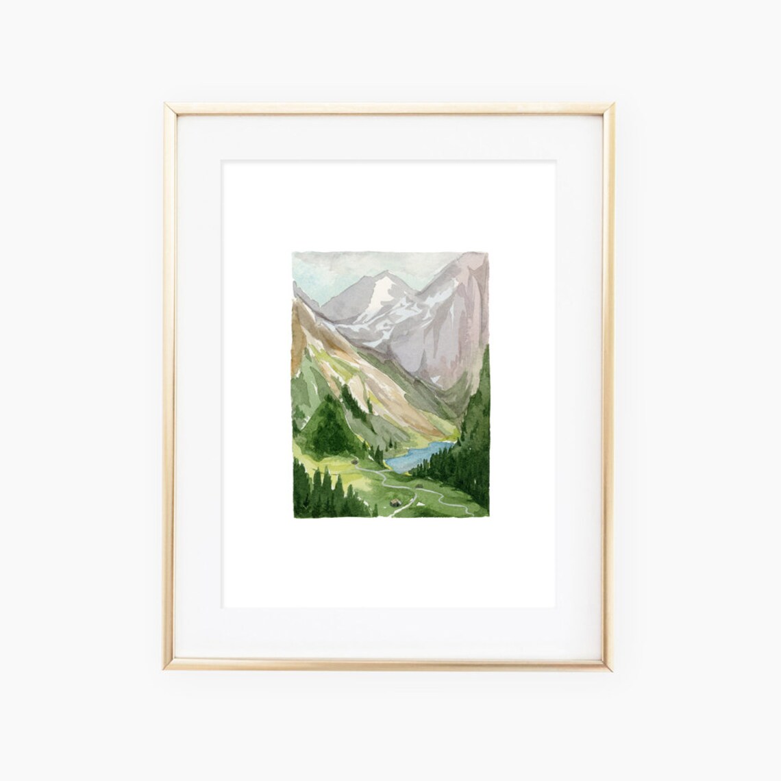 Watercolor Mountain Valley With Blue Lake Art Print