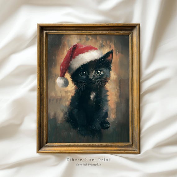 Black Kitten With Santa Hat Print Christmas Wall Art Cute Baby Cat Oil Painting Print Vintage Winter Wall Decor