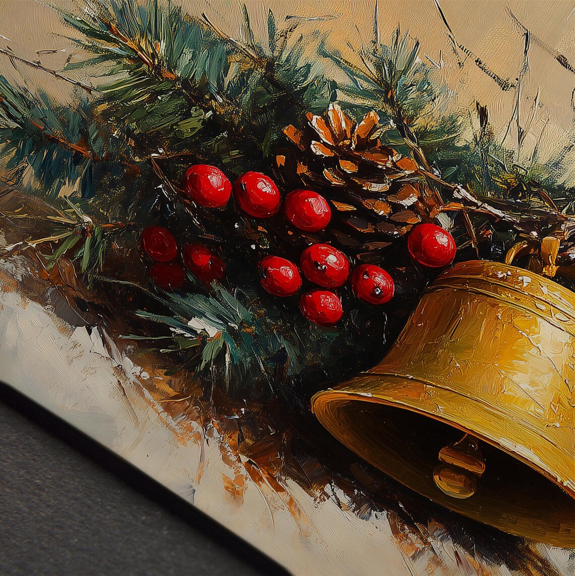Antique Gold Christmas Bell On Evergreen Boughs Holiday Art Print - Image 4