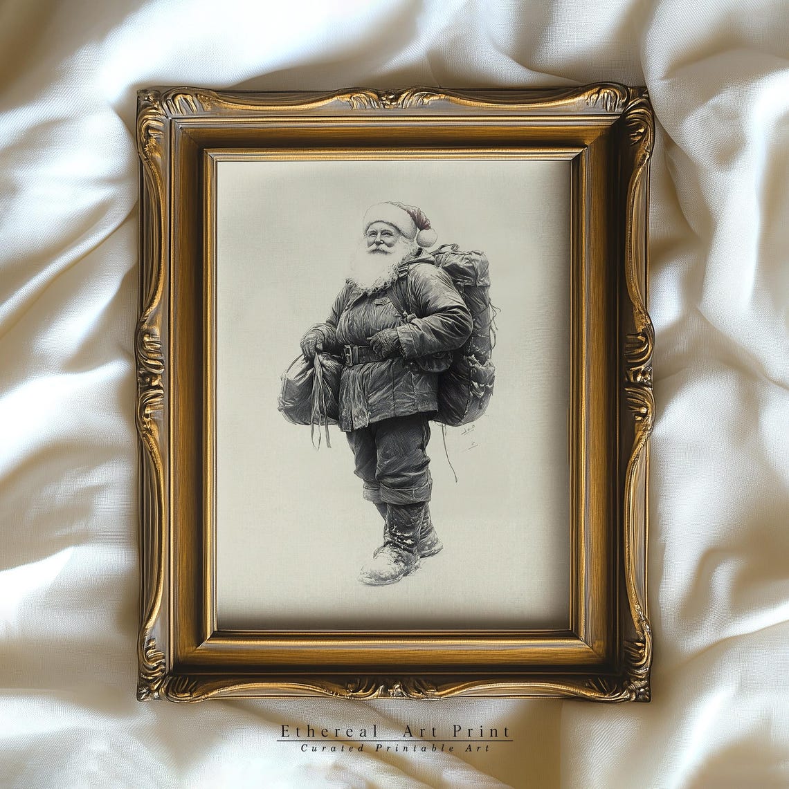 Santa Claus Traveler Full Body Pencil Sketch Drawing Wall Art - Image 3
