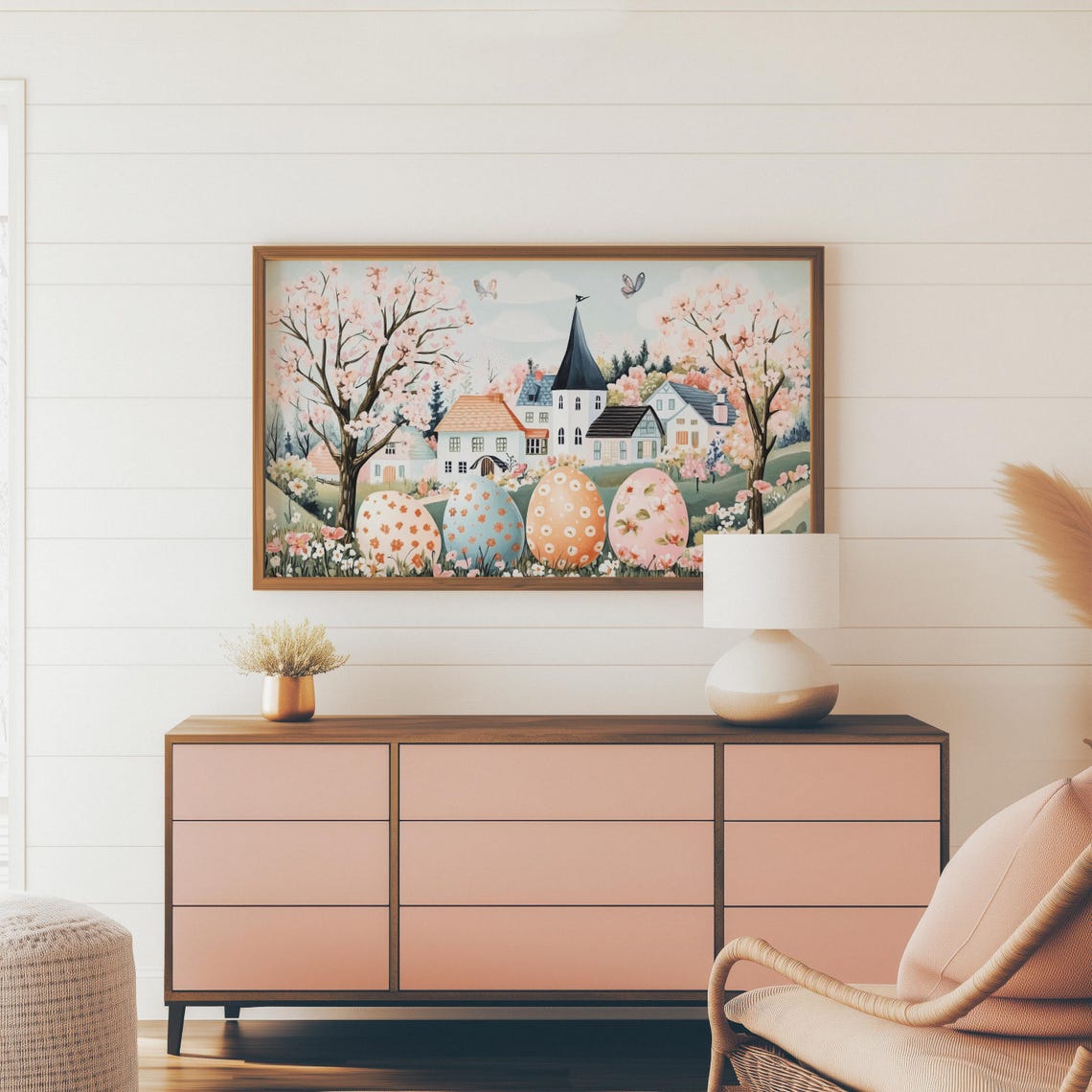 Giant Decorated Easter Eggs Village Cherry Blossom Spring Wall Art - Image 4