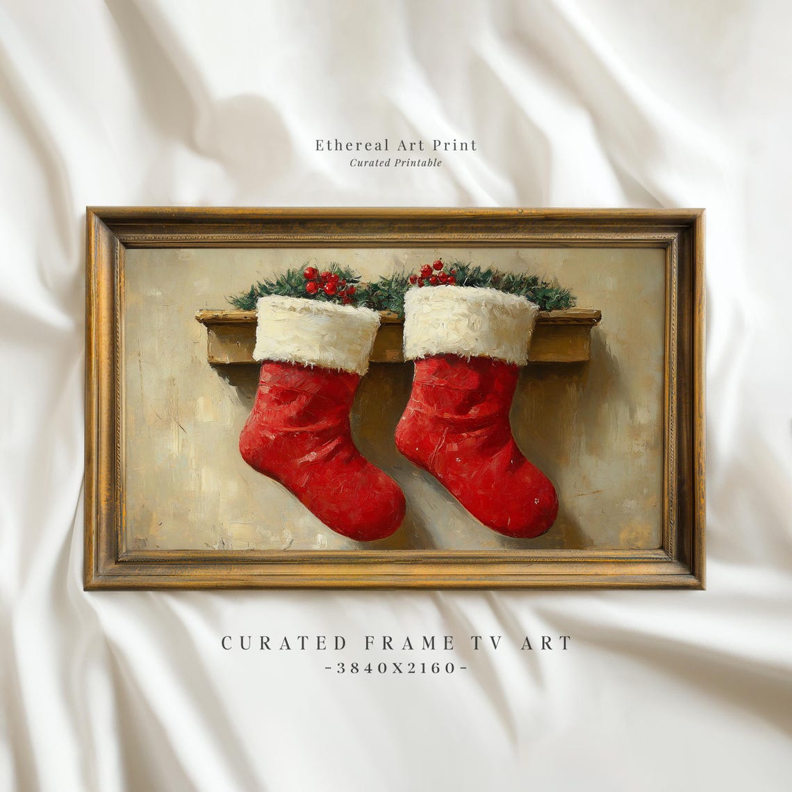 Vintage Red Christmas Stockings Hanging On Rustic Mantel Wall Poster