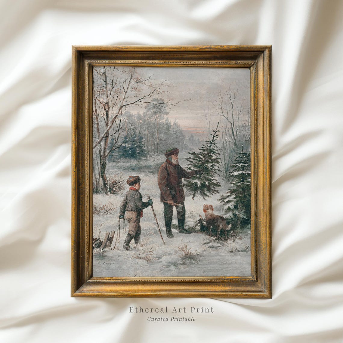 Cutting The Christmas Tree Vintage Winter Forest Oil Painting Print