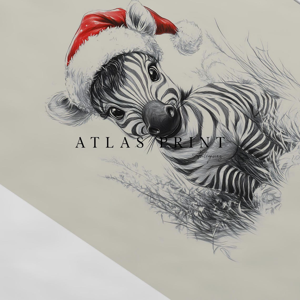 Cute Baby Zebra With Santa Hat Sketch Neutral Christmas Nursery Wall Decor Vintage Winter Wall Art Zebra Drawing Prints - Image 4