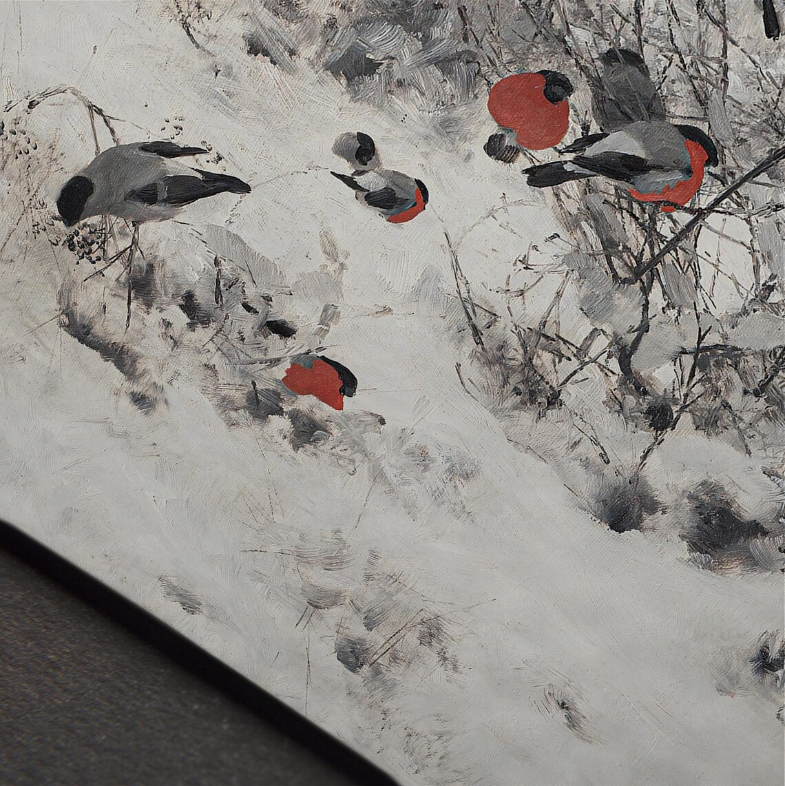 Vintage Bullfinches In Snowy Winter Branches Oil Painting Art Print - Image 4
