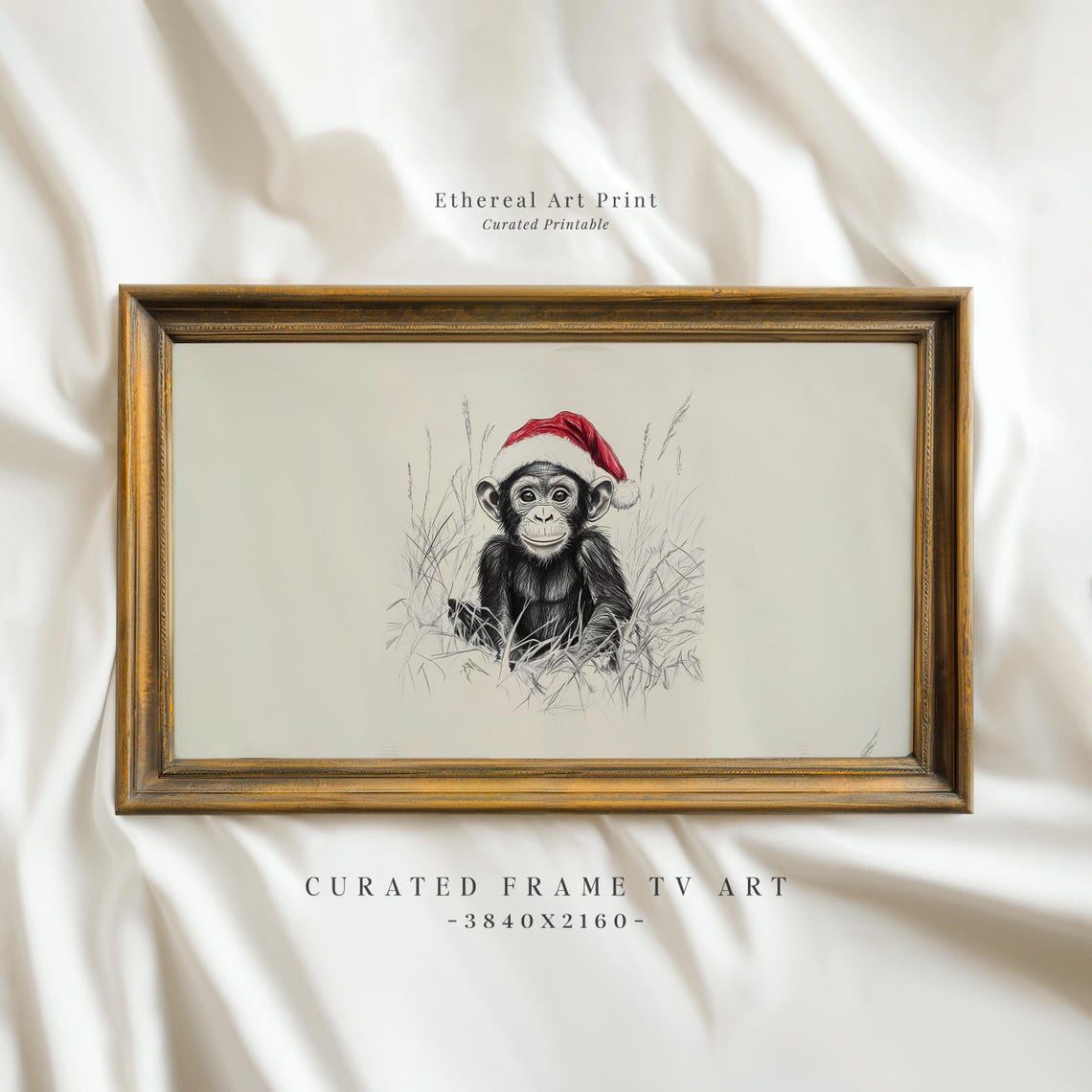Vintage Monkey Santa Hat Sketch Frame Tv Art Neutral Christmas Nursery Holiday Decor Winter Frame Tv Cute Baby Monkey Drawing
