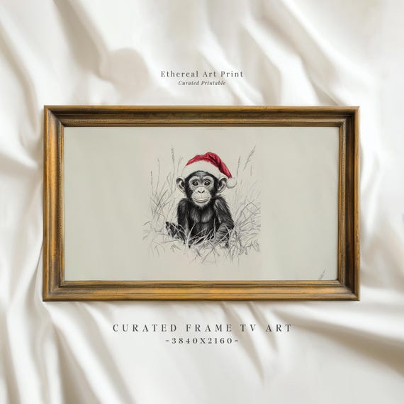 Vintage Monkey Santa Hat Sketch Frame Tv Art Neutral Christmas Nursery Holiday Decor Winter Frame Tv Cute Baby Monkey Drawing
