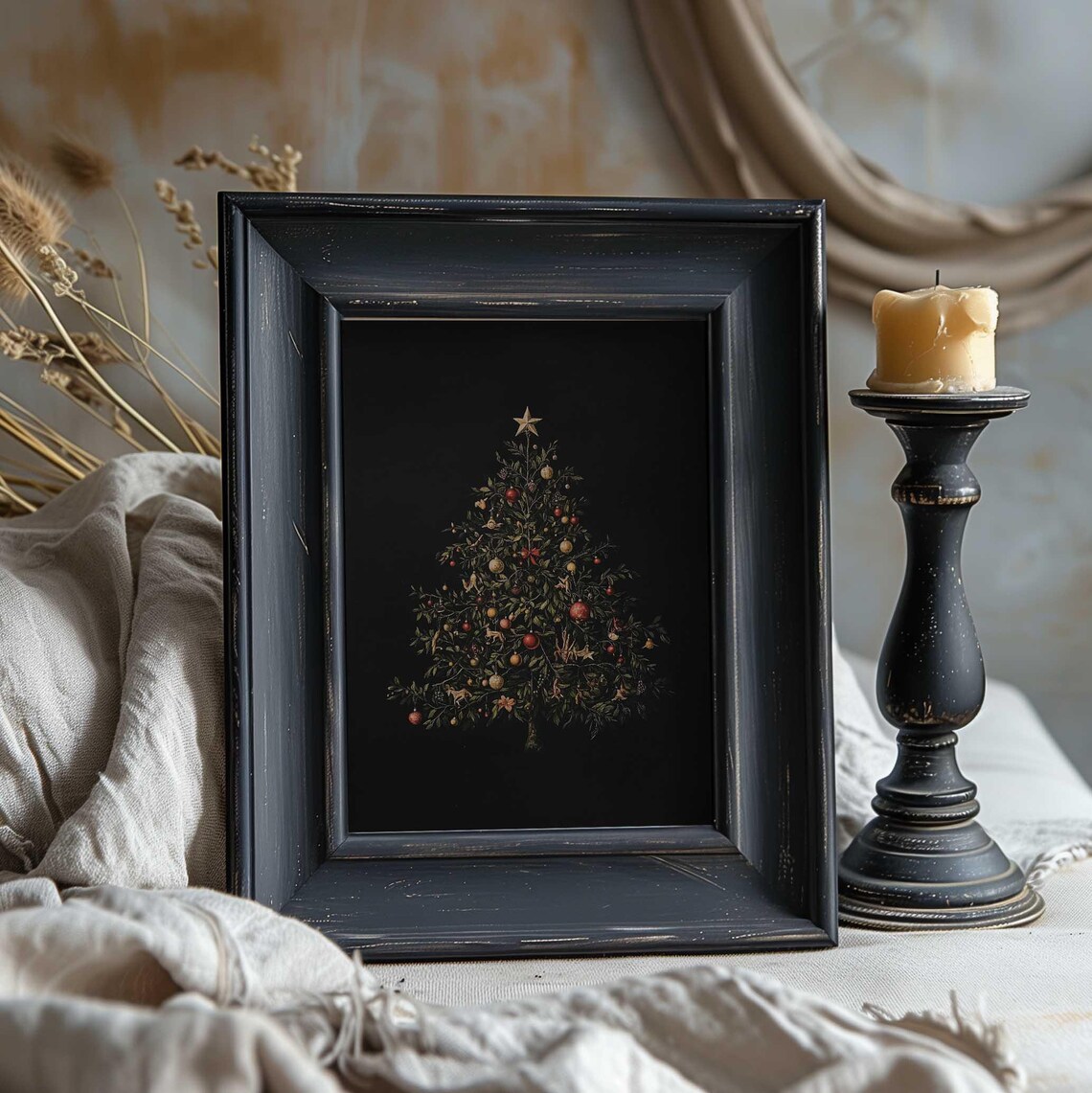 Vintage Christmas Tree Illustration Dark Festive Holiday Art Print - Image 2