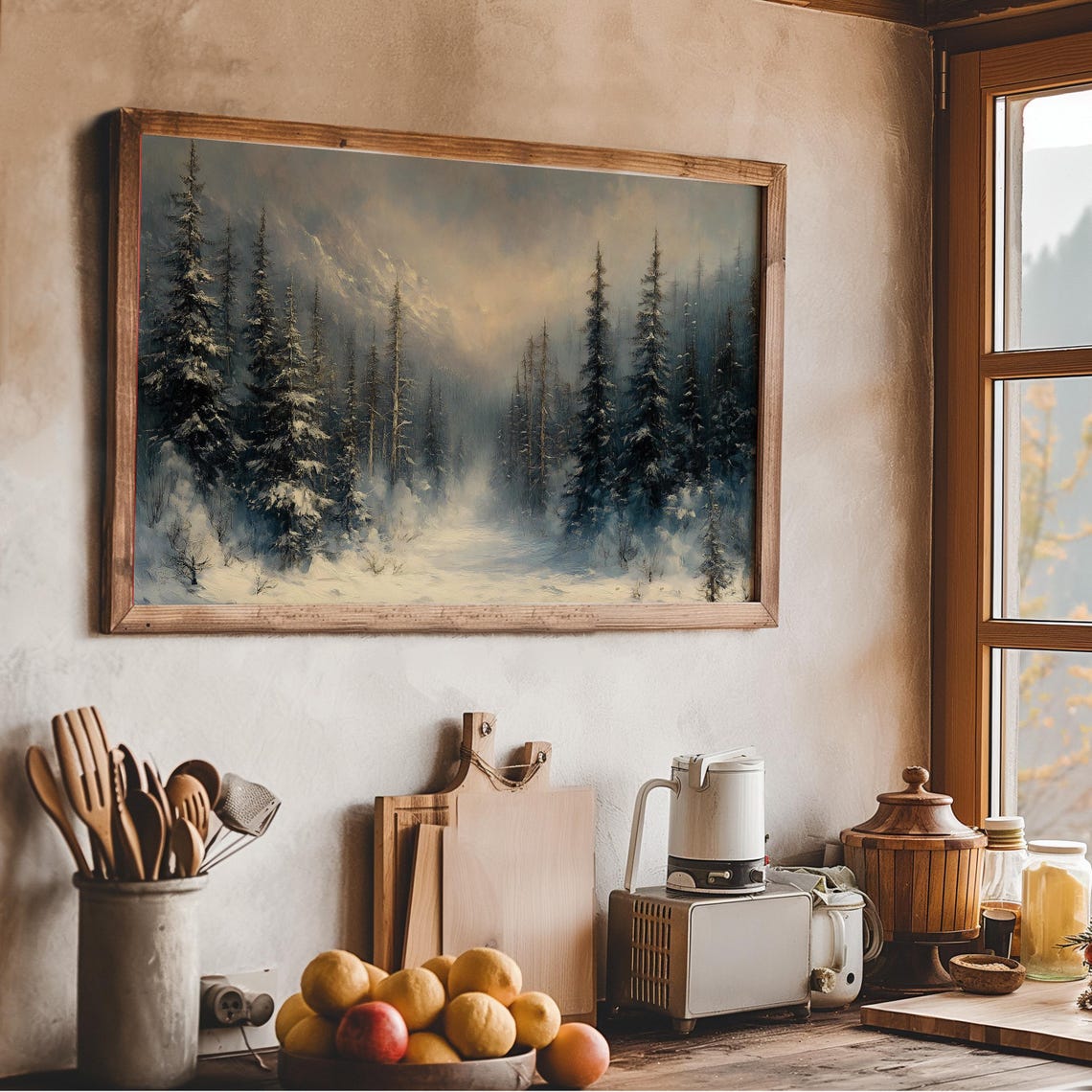Misty Snowy Evergreen Forest Path Winter Mountain Scene Wall Art - Image 2
