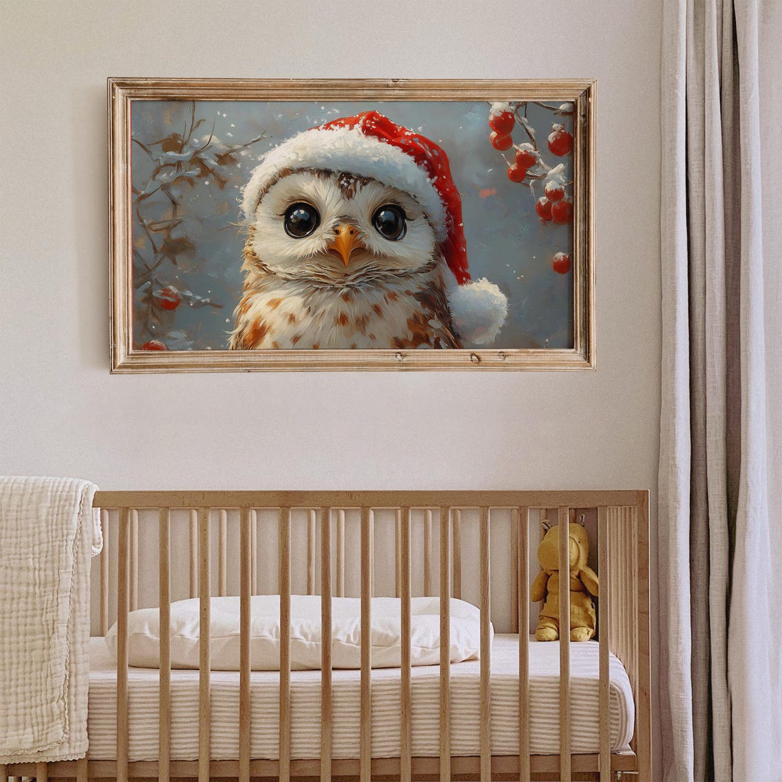 Cute Owl In Santa Claus Hat Painting Frame Tv Art Nursery Christmas Decor Vintage Owl Oil Painting Frame Tv Xmas Screensaver - Image 3