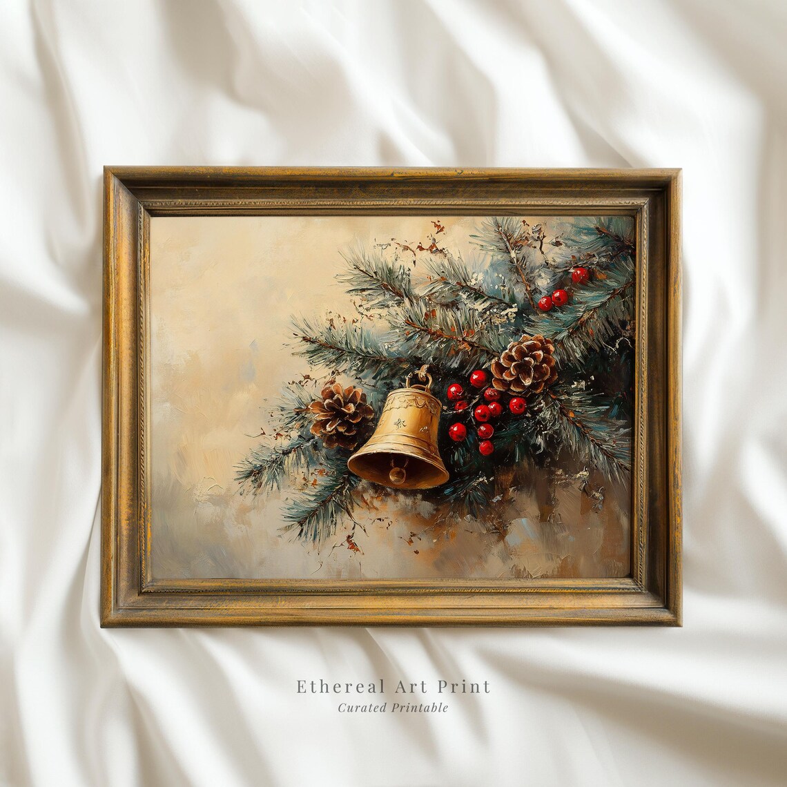 Frosted Pine Bell With Pine Cones Red Berries Winter Art Print